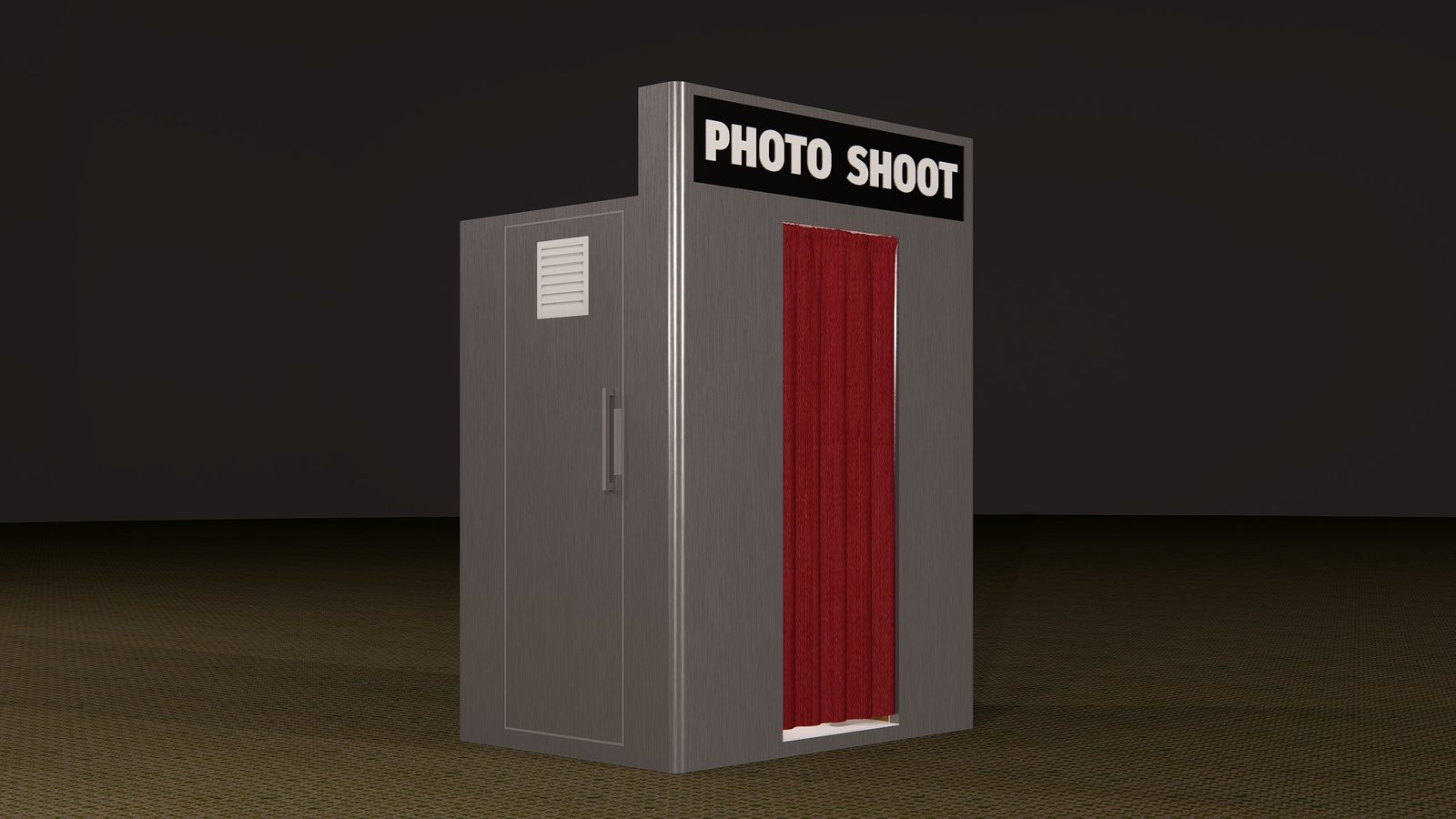Three-quarter view of the Laqta booth: brushed-metal cabinet, red curtain entry and sign panel above